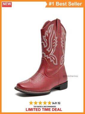 Western Mid Calf Cowgirl Boots Faux Suede Block Heel Embroidered